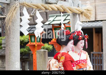 Kyoto Japan Two Women Dressed as Geisha on Shinbashi Dori