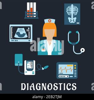 Medical diagnostic procedures flat icons with doctor, surrounded by stethoscope, chest x-ray, blood test tubes, ecg and ultrasound monitors, blood pre Stock Vector