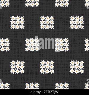 Vector black fun daisy flowers elegant squares repeat pattern with dark grey canvas background. Suitable for textile, gift wrap and wallpaper. Stock Vector