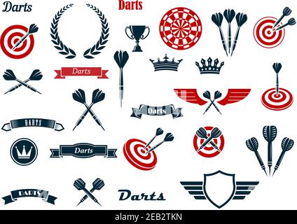 Darts game items and heraldic elements with arrows, dartboards, trophy, heraldic shield, laurel wreath, ribbon banners and crowns. For sports and leis Stock Vector