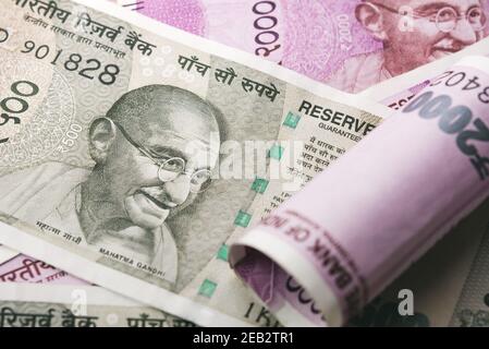 Close up shot of a heap of new indian rupee banknotes gathered together Stock Photo