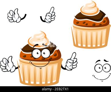 Friendly muffin cartoon character with raisins, topped by chocolate glaze and whipped cream, for dessert or pastry themes Stock Vector