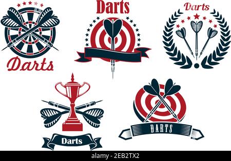 Darts game icons design with dartboard, arrows and trophy cup, adorned by stars, laurel wreaths and ribbon banners Stock Vector