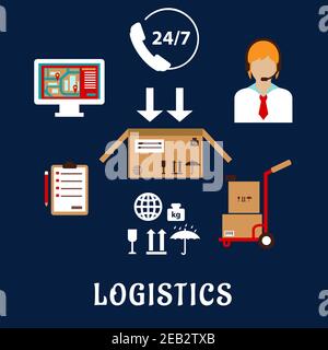 Logistics and shipping flat icons with call operator, 24 hours in 7 days customer service sign, monitor with navigation map, hand truck with boxes, pa Stock Vector