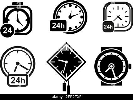 Clock and time icons with wall clocks, wristwatch and alarm clock with 24 hours signs, for time theme Stock Vector