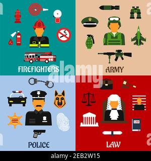 Public service and military professions flat icons of firefighter with tools, army soldier with equipment, judge in courtroom and police officer in un Stock Vector