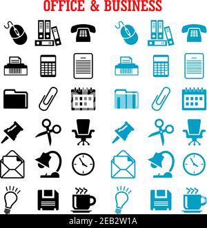 Business and office flat icons with blue and black light bulb, phone, calendar calculator mouse mail folders documents clock coffee chair, shredder, s Stock Vector