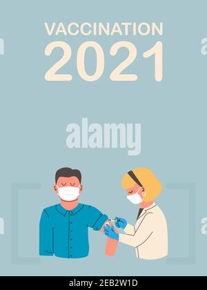 Vaccination Concept Characters - Doctor and Nurse Injecting Vaccine Injection. Vaccine against coronavirus and influenza. Male and female patients. Ve Stock Vector
