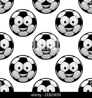 Funny football seamless pattern with smiling cartoon soccer balls on white background, for sporting theme design Stock Vector