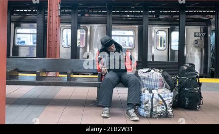Homeless Man Sleeps in NYC Subway (For Editorial Use Only Stock Photo ...