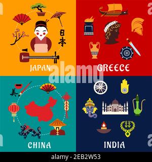Culture,religious traditions, history and national heritage of Japan, China, India and Greece flat icons. For travel and tourism themes Stock Vector