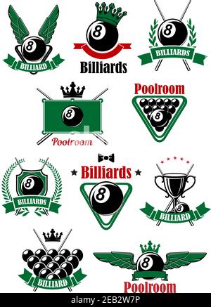 Billiards or poolroom icons with billiard table, balls, cues and triangle rack, decorated by heraldic shield, wreaths, ribbon banners, crowns, wings a Stock Vector