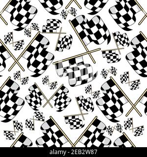 Seamless pattern of black and white crossed motor racing flags in a variety of sizes in a scattered pattern Stock Vector