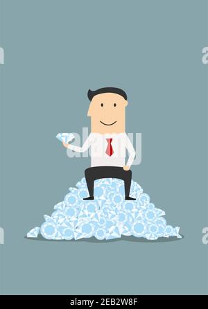 Cartoon joyful businessman sitting on heap of shiny diamonds with big gemstone in hand, for success or wealth theme Stock Vector