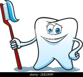 Smiling healthy white tooth cartoon character holds toothbrush with toothpaste in hand. For hygiene or dentistry themes design Stock Vector