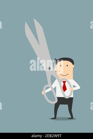 Happy businessman with a large pair of sharp scissors in his hands Stock Vector