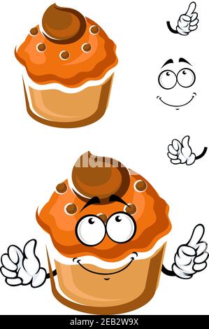 Funny cartoon muffin with chocolate toppings on white background, isolated on white Stock Vector