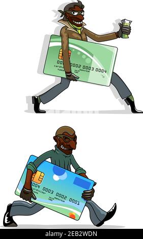 African american thieves cartoon characters with stolen plastic bank cards and money in hands. For cyber crime or criminal theme concept Stock Vector