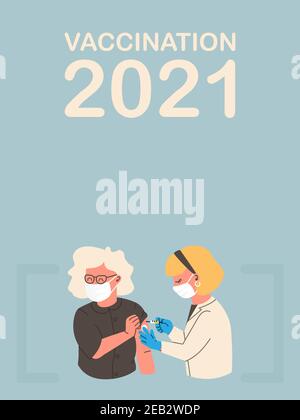 Banner with copy space for your text. Doctor or nurse wearing a protective mask gives a vaccine to a woman. Flu vaccination concept. Coronavirus vacci Stock Vector