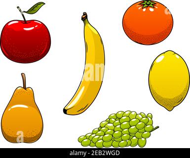Fresh juicy ripe yellow banana, lemon and pear, red apple, green grape and orange fruits, isolated on white. For agriculture harvest or healthy food t Stock Vector
