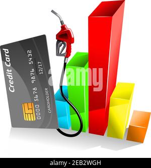 Credit card with gas pump nozzle near of colorful bar chart of decreasing gasoline price. For gas and oil industry theme Stock Vector