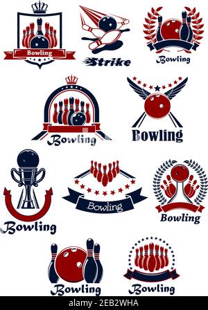 Bowling club emblems and icons with balls, ninepins, lanes and trophy, supplemented by laurel wreaths, ribbon banners, shield, stars, crowns and wings Stock Vector