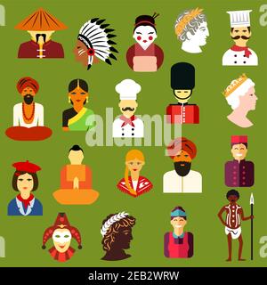 Multiethnic people icons with men and women of different chinese, japanese, indian, native american, german, italian, french, russian, british, austra Stock Vector