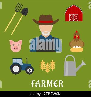 Farmer profession flat icons with man in blue overalls and hat, surrounded by tractor, shovel, pitchfork, chicken on nest with eggs, wheat field, barn Stock Vector