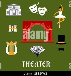 Theater and art flat icons of stage with red front curtain, drama and comedy masks, harp, theater building, dancing ballerina, opera glasses, hand fan Stock Vector