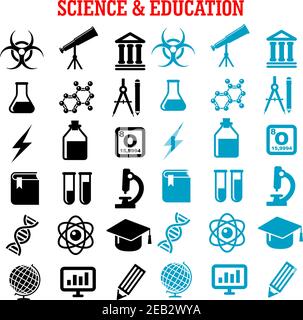 Science and education flat icons set with college, book, laboratory glasses computer microscope globe graduation cap pencil, compasses, dna, atom, bio Stock Vector