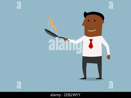 Cheerful african american businessman tossing up pancake in frying pan, cartoon style. Success in business concept Stock Vector