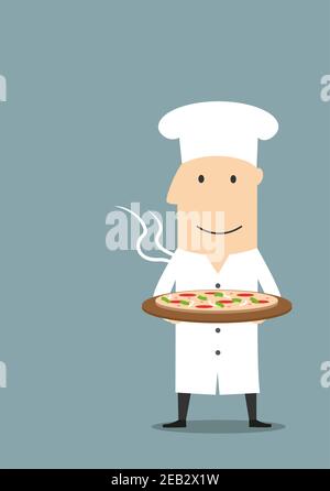 Cartoon joyful baker in white chef hat carrying fresh baked hot pepperoni pizza on wooden plate Stock Vector