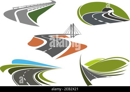 Road bridge, highway tunnel, mountain freeway and steep turns of highways icons set, for travel or transportation themes Stock Vector
