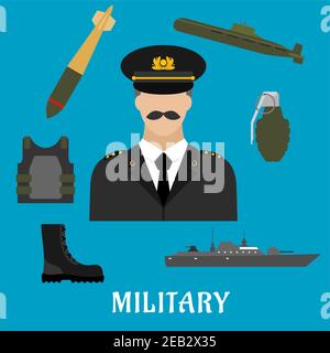 Military profession flat icons with moustached man in uniform, encircled by body armor, army boots, hand grenade, submarine, combat ship and torpedo Stock Vector