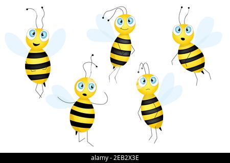 Big set of cartoon cute bee mascot. A small bees flies. Wasp collection. Vector character. Insect icon. Template design for invitation, cards Stock Vector