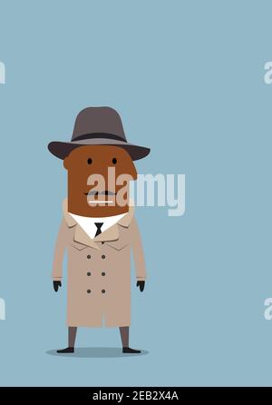 Serious african american detective man or spy agent in gray coat and fedora hat. Cartoon flat style Stock Vector