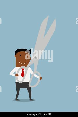 Smiling cartoon african american businessman holding huge open scissors in hands. Business concept Stock Vector