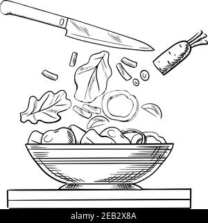 Healthy vegetarian salad cooking recipe with sliced fresh carrot, bell pepper, onion, cucumber, tomato vegetables and lettuce leaves falling down into Stock Vector