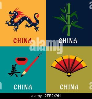 China tradition and culture flat icons with long dragon, green bamboo stem, bright folding fan and hieroglyph with ink and brush. Travel theme design Stock Vector
