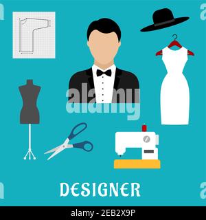 Fashion designer profession flat icons with sewing machine, tailor mannequin, scissors, elegant dress with hat, paper pattern and man in tuxedo Stock Vector