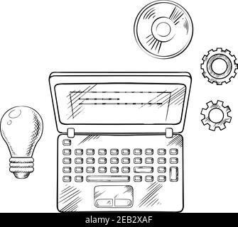 Sketch of open laptop computer with idea light bulb, gear wheels and cd, for e-learning technology concept. Stock Vector