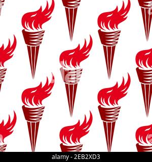 Seamless ancient greek burning torches pattern with bright red fire flames and conical handle on white background for sporting competition or victory Stock Vector