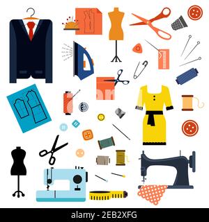 Sewing and tailoring flat icons with sewing machines, needles, scissors, pins, buttons, threads, iron, thimbles, mannequins, measuring tape, elegant d Stock Vector
