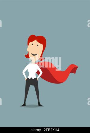 Cartoon brave businesswoman standing in hero red cape standing with hands on hips, for success or leadership concept design Stock Vector