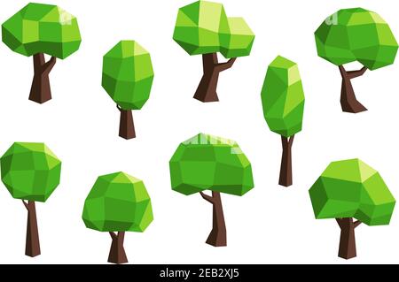 Abstract polygonal green tree icons set with rounded green crowns, 3D style. For ecology or nature themes Stock Vector