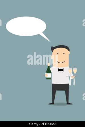 Cartoon elegant waiter with champagne and glasses on a tray with blank speech bubble above him, for restaurant design Stock Vector