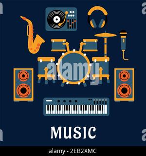Musical instruments and sound equipment with drum set, headphone, saxophone, microphone, synthesizer, dj turntable and loudspeakers flat icons with ca Stock Vector