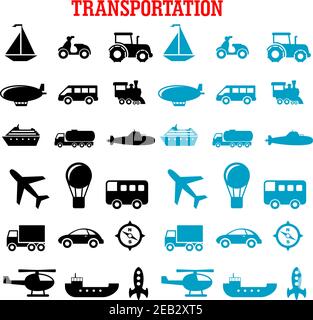 Flat transportation icons set with cars, buses, train, trucks, ship, airplane, motorcycle, sailboat, compass, tractor, helicopter, rocket, submarine, Stock Vector