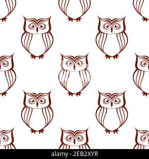 Brown and white owl silhouette seamless pattern with watchful birds Stock Vector
