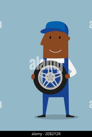Cartoon friendly smiling african american mechanic in blue uniform standing with wheel, for profession concept design Stock Vector
